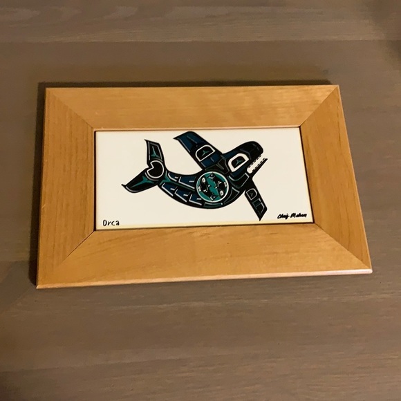 Chris Mahan Wooden Framed White, Black, and Teal Orca Print Art Tile - Picture 2 of 5